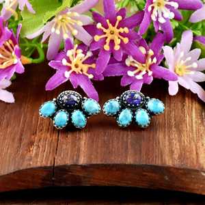 Boucles d'oreilles clous en argent sterling avec grappe de turquoises Navajo, bijoux fins bohèmes rétro floraux pour femmes, cadeaux pour cowgirl, vente en gros - Product Image 4