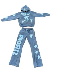 Personalizado de gran tamaño lavado con ácido acampanados pantalones de chándal Zip Hoodie Set desgastado bordado de talla grande Rhinestone parche bolsillo capucha - Product Image 4