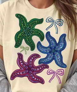 Camiseta de Algodón Crema con Estampado de Estrellas de Mar Coloridas, de Moda, Manga Corta, Cuello Redondo, Informal, para Mujer, Ropa de Playa, Verano - Product Image 5