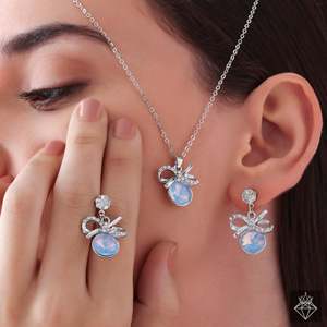 สร้อยคอและต่างหูคริสตัลสีฟ้าโอปอลปราโอปอลเครื่องประดับที่ดีพร้อมโบว์และดีไซน์เรืองแสง - Product Image 3