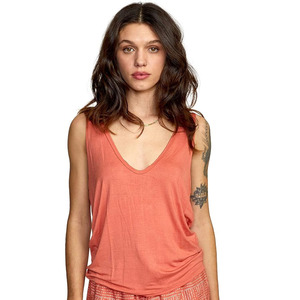 Débardeur en tricot à col en V pour femme, couleur corail unie, décontracté, respirant, 100% coton, longueur normale - Product Image 2