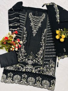 Salwar Kameez de Seda Negra Bordada para Mujer con Dupatta, Traje Tradicional Indio Pakistaní, Largo hasta el Suelo, Corte Holgado - Product Image 3
