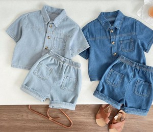 Denim Short Sleeve Shirt With Shorts Set For Kids Casual Wear Solid Color Turn-down Collar Pockets Regular - Product Image 1