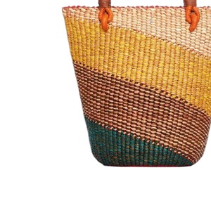 Diagonal Striped Seagrass <b>Handbags</b> Leather Handle Woven Straw Tote Bag Fashion Women <b>Summer</b> Beach Purse OEM ODM - Product Image 4