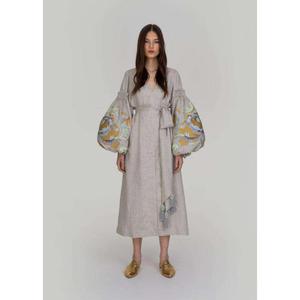 Vestido Midi de Lino y Algodón Gris para Mujer, Multicolor, Bordado, Manga Abullonada, Cuello en V, Cintura con Lazo, Estilo Boho - Product Image 1