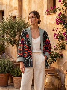 Veste en velours brodée pour femmes avec motif floral et d'oiseaux, style ethnique fait main, vêtement d'extérieur - Product Image 2