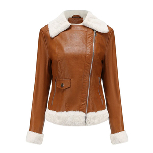 Veste moto en peau de mouton pour femme, manches longues, fermeture éclair, couleur unie, hiver, chaude, tricotée, respirante - Product Image 3