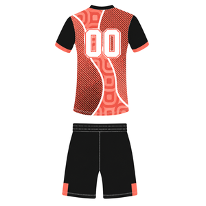 Conjunto de Camiseta y Pantalones Cortos de Rugby Rojo Coral y Negro, Cuello en V, Diseño Geométrico, Uniforme de Equipo Personalizado, Transpirable, para Entrenamiento Deportivo - Product Image 2