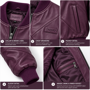 Blouson Bomber en Cuir Viné Profond pour Femme, Coupe Oversize, avec Coutures Géométriques, Manteau en Peau de Mouton Violet Prune, Vêtements Personnalisés, Vente en Gros B2B, Usine de Confection - Product Image 6
