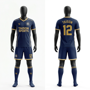 Uniforme de fútbol para hombre, poliéster transpirable, diseño a cuadros rojo y azul marino, impresión por sublimación, logotipo personalizado, bordado, transferencia térmica - Product Image 3