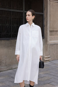 Vestidos Midi Casuales de Verano, Cuello Alto, Manga Regular, Minimalistas, Transpirables, Popelina 100% Algodón, Hilo Prelavado con Enzimas, Cierre de Botones al Frente - Product Image 5