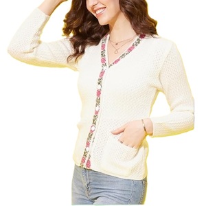 Women's V-Neck Floral Embroidery Knit <b>Cardigan</b> Full Sleeve Casual <b>Spring</b> 100% Acrylic Hand Knitted Open Stitch Sweater - Product Image 1