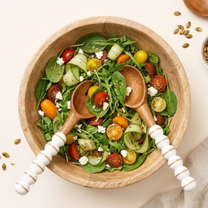 Handcrafted Mango Wood <b>Salad</b> Server Set with White Beaded Handles Eco-Friendly Wooden Serving Spoon and Fork for Kitchen Decor - Product Image 3