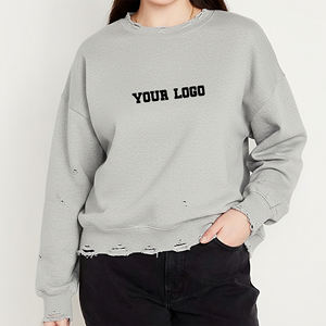 เสื้อสเวตเชิ้ตคอกลมโอเวอร์ไซส์ผ้าฝ้าย 100% สีพื้นแบบขาดๆ  ขายดี พร้อมสกรีนโลโก้พิมพ์นูนตามสั่ง - Product Image 4