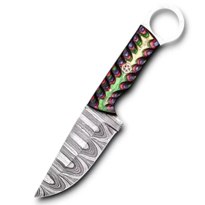 มีดแค้มปิ้งเหล็กดามัสกัสแบบใบมีดหยดน้ำ พร้อมรูสำหรับนิ้วจับ ด้ามไม้แกะสลัก และปลอกไม้ (รับผลิตแบบ OEM/ODM) - Product Image 1