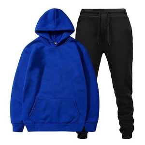 Ensemble de survêtement unisexe bleu marine à capuche 100% coton couleur unie décontracté pour l'automne, sweat-shirt et pantalon longs - Product Image 2