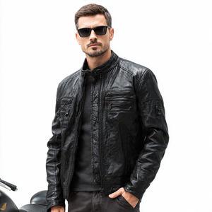 เสื้อแจ็คเก็ตมอเตอร์ไซค์ผู้ชายแบบมีกระเป๋าหน้าอก แจ็คเก็ตหนังแท้สำหรับฤดูหนาว ซิปหน้า เสื้อแจ็คเก็ตหนังทรงนักแข่ง คอตั้ง สำหรับผู้ชาย - Product Image 5