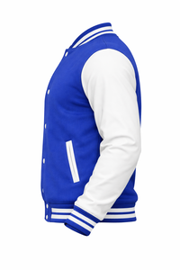<b>Men's</b> Blue <b>White</b> Varsity <b>Jacket</b> Preppy Style Turn-down Collar Genuine Leather Button Front Regular Fit Breathable Windproof - Product Image 4