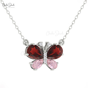 Natural 7x5mm Mozambique Garnet & Morganite Butterfly <b>Pendant</b> Necklace 14k <b>Solid</b> <b>Gold</b> Diamond 16" Inch Cable Chain Necklace - Product Image 3
