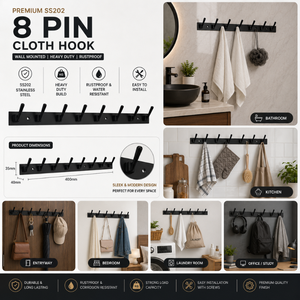 Black SS202 Stainless Steel 8 Pin Wall <b>Hook</b> Heavy Duty Rustproof Clothes <b>Towel</b> Coat Holder Wall Mounted Organizer for Bathroom - Product Image 4