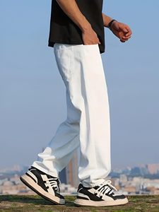 Jean en coton blanc coupe droite pour homme, taille mi-haute, coupe ample, style décontracté, idéal pour l'été - Product Image 3