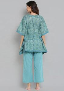 Conjunto de pijama caftán floral verde menta bloque de mano impreso algodón corto hasta el suelo tejido de cintura Natural tejido para veranos calurosos - Product Image 4