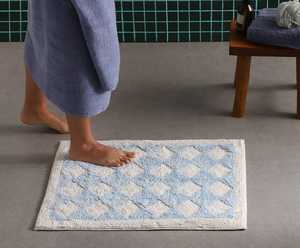 Tapis de bain classique en coton, rectangulaire, motif géométrique losanges, bleu et blanc, absorbant, tricoté - Product Image 4