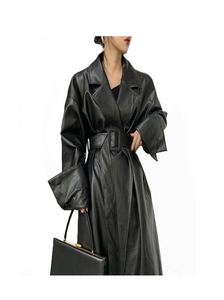 Women's Black PU <b>Leather</b> <b>Long</b> Trench Coat With Belt Turn-down Collar Full Sleeve Autumn Style Minimalist Design - Product Image 6
