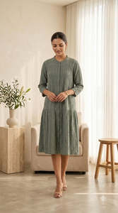 Linen Maxi Dress Crew Neck <b>Three</b> Quarter Sleeve Loose Fit Solid Color Button Front Casual Daily Wear All Seasons Women - Product Image 4