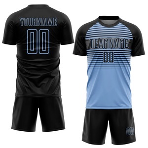 Ensemble de maillots de football personnalisés sublimés pour hommes, noir et bleu rayé, manches courtes, col rond, évacuation de l'humidité, 100% polyester, adulte - Product Image 1