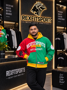 เสื้อฮู้ดสตรีทแวร์ผู้ชาย REXFITSPORTS 2026 แบบซิป สีบล็อก แดง เขียว เหลือง พิมพ์ลายกราฟิก ผ้าฟลีซสั่งทำพิเศษ - Product Image 5