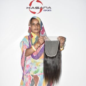 Extensiones de Cabello Indio Virgen Remy 7*7 con Cierre, Color Negro Natural, Ondulado Profundo, Cutícula Alineada, Frente de Encaje, Fácil de Aplicar, Venta al Por Mayor - Product Image 1