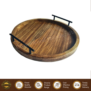 Handmade Round Stylish Burnt Natural Finished Mango Wood Serving Tray with Metal Handles for Restaurant and Hotel <b>Kitchen</b> Use - Product Image 3