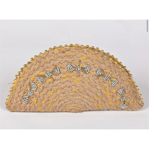 Bolso de Mano Tipo Clutch de Yute en Forma de Media Luna, Color Marrón, Hecho a Mano, Verano, Natural, Trenzado, con Bordado de Flores Rosadas, en Oferta - Product Image 3