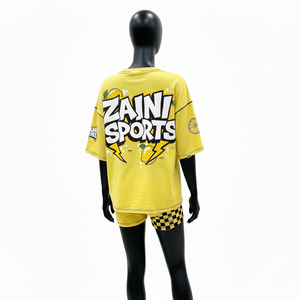 Conjunto de camiseta y pantalones cortos para mujer, tela de jersey de algodón premium de 200 g/m², panel amarillo en contraste, serigrafía con logo personalizado, conjuntos para mujer - Product Image 5