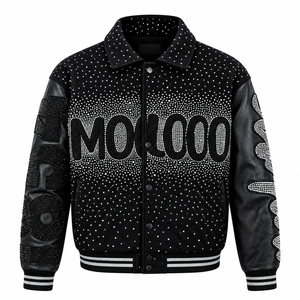 Blouson universitaire noir Moloo pour homme, manches en laine/cuir, broderie de sequins, logo lettre, style urbain, col montant, réversible, collection automne - Product Image 1