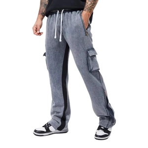 Pantalon de survêtement cargo gris pour homme, taille élastique avec cordon de serrage, plusieurs poches, décontracté, pour l'automne, en tissu tricoté délavé - Product Image 3