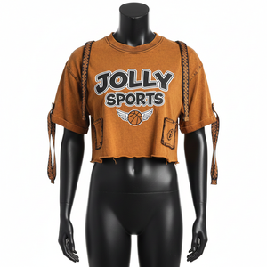 Camiseta Corta para Mujer, de Alta Calidad, en Tela de Algodón Terry, Estilo Vintage con Paneles, Logotipo Personalizado, Transpirable - Product Image 1