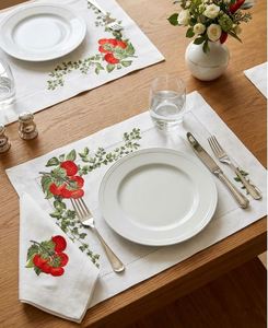 <b>GREEN</b> SUN EMBROIDERY Embroidered Floral Tomato Customizable Place <b>Mats</b> Napkin Sets Luxury Style Washable Cotton Hemstitch Home - Product Image 2