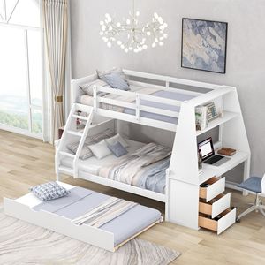 Letto a castello bianco con letto singolo sopra e letto matrimoniale, scrivania integrata, tre cassetti portaoggetti e mensola per bambini - Product Image 2
