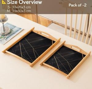 Set 2 Rattan Wood Kitchen <b>Storage</b> Trays Rectangle Polished Finish Dishwasher Safe <b>Table</b> Use Food Drink Serving Multifunctional - Product Image 2