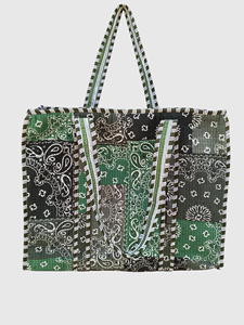 Sac fourre-tout en coton à panneaux, style bohème, dessus ouvert, motif vert, noir et blanc, pour le shopping toutes saisons - Product Image 1