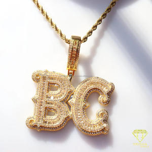 Custom " BC " Letter Pendant Necklace <b>Iced</b> <b>Out</b> Moissanite Diamond Rope <b>Chain</b> Hip Hop Jewelry Gold Color - Product Image 4