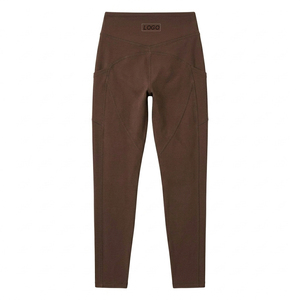 Choco Brown Color <b>Leggings</b> <b>with</b> <b>Pocket</b> High Waist Full Length Knitted Spandex Polyester Breathable Quick Dry Women's Activewear - Product Image 2