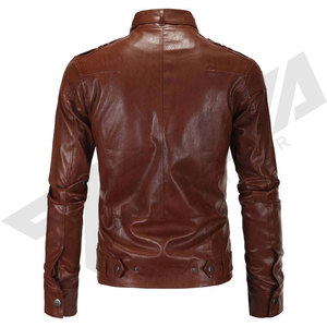 <b>Men's</b> Brown <b>Leather</b> Moto & casual <b>Jacket</b> Stand Collar Zipper Closure Slim Fit Autumn Regular Sleeve Solid Color - Product Image 5