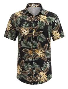mens black yellow tropical floral palm leaf print <b>short</b> <b>sleeve</b> lapel <b>button</b> <b>up</b> shirt matching <b>shorts</b> 2 piece set casual hawaiian - Product Image 5