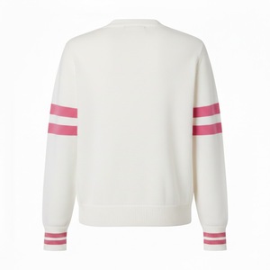 Cárdigan de Punto a Rayas Blanco y Rosa para Mujer, Cuello en V, Manga Larga, Cierre de Botones, Estilo Preppy, 100% Lana Acrílica - Product Image 3