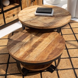 Ensemble de tables basses gigognes rondes industrielles en bois Vandana Astra Aston pour maisons modernes - Product Image 2