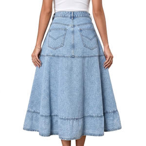 Jupe longue vintage en jean délavé pour femme, taille haute, coupe trapèze, 100 % coton, imperméable et respirante, automne-hiver, vente en gros - Product Image 2