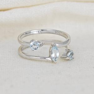 Aquamarine <b>Ring</b> <b>Adjustable</b> <b>Sterling</b> <b>Silver</b> Marquise Gemstone Jewelry For Women - Product Image 3
